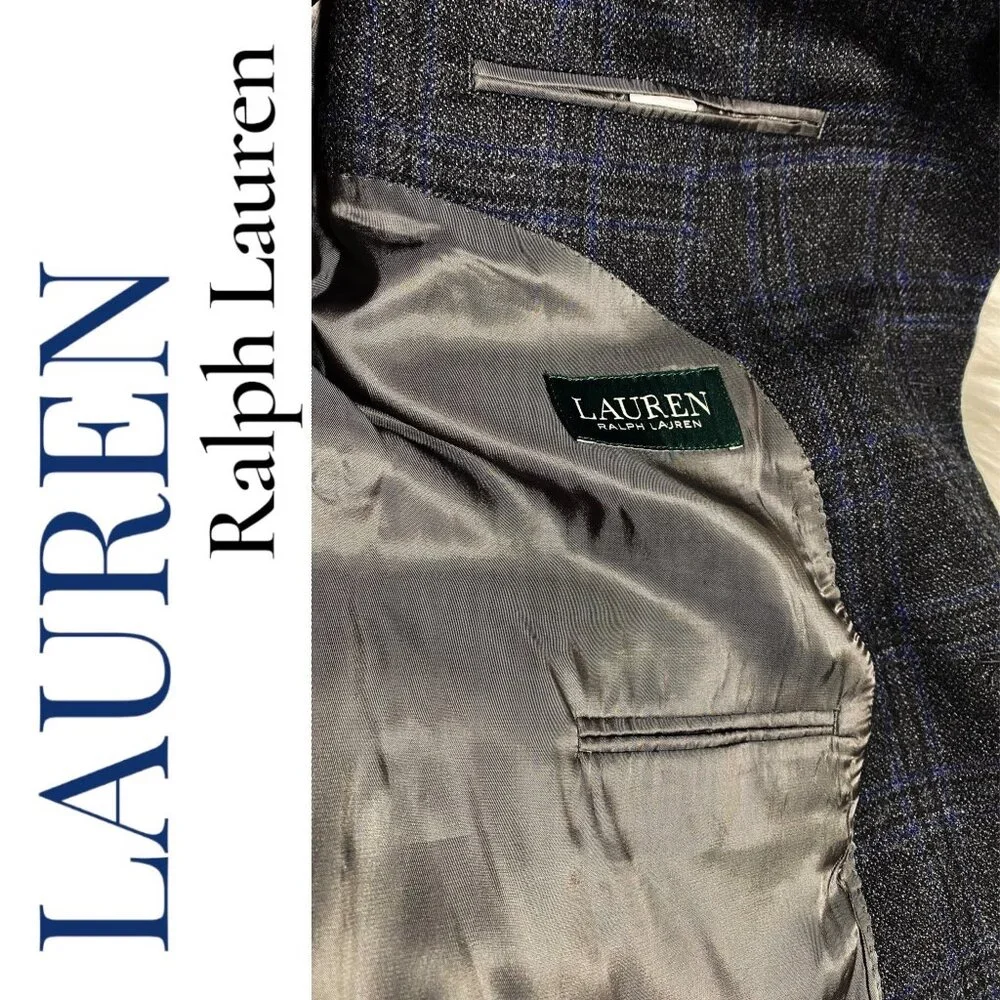 LAUREN RALPH LAUREN MEN’S 100% WOOL PLAID‎ BLAZER 2-BUTTON GRAY BLUE, SIZE 48R